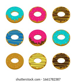 illustration of various shapes of donuts with colorful colors and sugar sprinkles