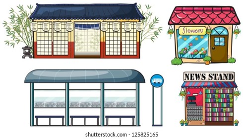 Ilustración de varias tiendas y una estación de autobuses con fondo blanco