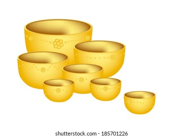 Ilustración Diversos tamaños de Tazones Vacías doradas aisladas en fondo blanco, generalmente hechas de metal como cobre, plata, bronce o acero. 