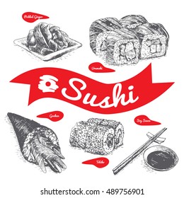 Illustration of various sort of sushi. Monochrome illustration of sushi