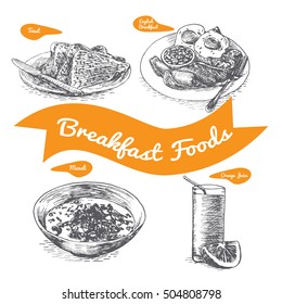 Ilustración de varios tipos de desayunos. Ilustración monocroma de los alimentos para el desayuno.