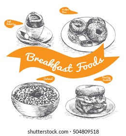 Illustration of various sorts breakfast foods. Monochrome illustration of breakfast foods.