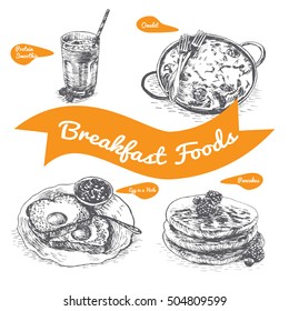 Illustration of various sorts breakfast foods. Monochrome illustration of breakfast foods.