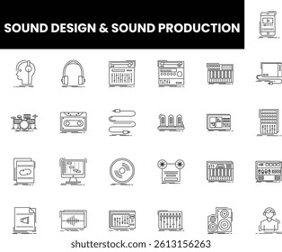 Illustration of various sound design and production elements in a minimalist style.