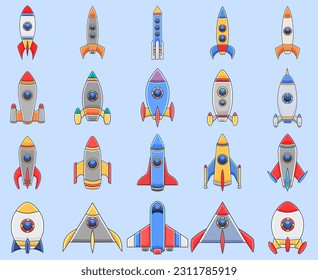 Illustration of various spaceships and rocket, bundle item, full color stickers