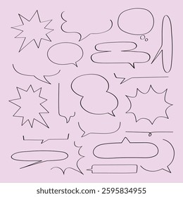 Illustration of various speech bubbles on a pink background. Speech bubbles in different shapes, sizes, and styles. Perfect for comics, cartoons, and graphic design. Message illustration vector.