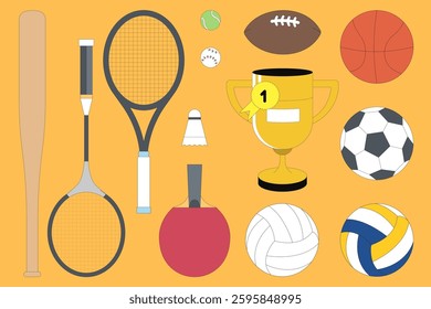 Illustration of various sports equipment including tennis rackets, a baseball bat, a football, a basketball, a trophy, and a volleyball on an orange background. Vector illustration.