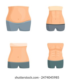 Illustration of the various stages of body transformation from overweight to fit and slim. Abdominal muscles. And physical improvement. With a focus on diet. Exercise. And goal achievement. Wellness