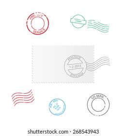 Illustration of various stamp designs isolated on a white background.