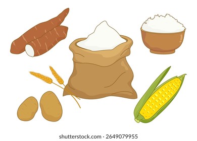 ilustração de vários alimentos básicos como fontes de hidratos de carbono