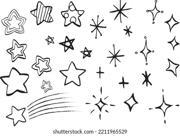 Illustration of various stars drawn in pen. ( black and white, vector )