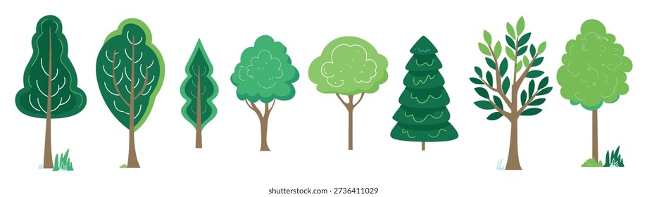 illustration of various stylized trees and bushes in 