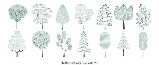 Illustration of various stylized trees with different shapes and patterns. Each tree has unique leaves and trunks, showcasing diverse tree designs. Botanical illustrations, isolated vector set.