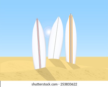 Illustration of various surfboards, sand, sky and sun.