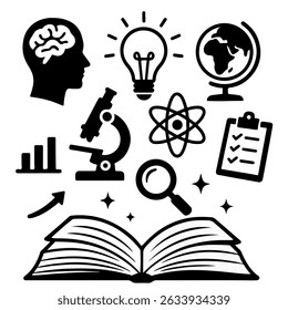 Illustratie van verschillende symbolen die kennis, wetenschap en verkenning vertegenwoordigen in een creatief educatief collage-ontwerp.