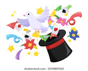 Illustration of various things popping out of a top hat as a magic trick