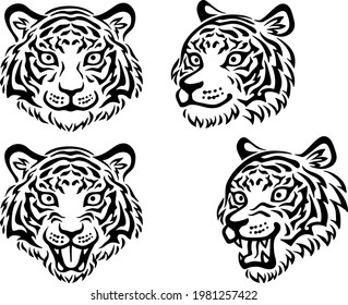 Ilustración de varias caras de tigre (frontal, diagonal, boca abierta)