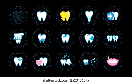 Ilustração de vários ícones de dentes. Dentes, canal, dentaduras, tratamentos dentários.