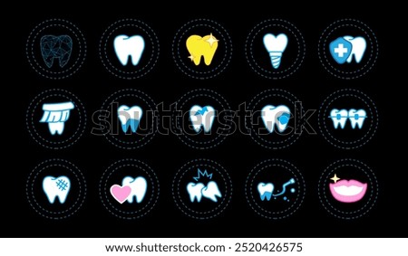 Illustration of various tooth icons. Teeth, root canal, dentures, dental care. set icon teeth.
