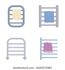 Illustration of various towel racks with hanging towels in different colors
