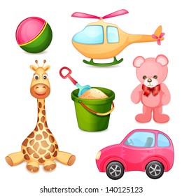 Illustration of various toys on a white background