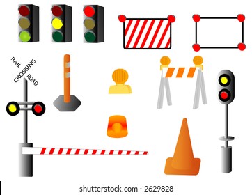 illustration of various traffic and railroad signs and signals