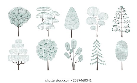 Illustration of various tree designs, featuring diverse shapes and patterns. Trees are depicted in a minimalist style, showcasing unique tree forms and textures. Botanical illustrations, vector set.