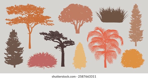 Illustration of various tree silhouettes in autumn colors. Trees include pine, palm, and bush. Autumn tree designs with diverse shapes and colors. Botanical elements, vector set.