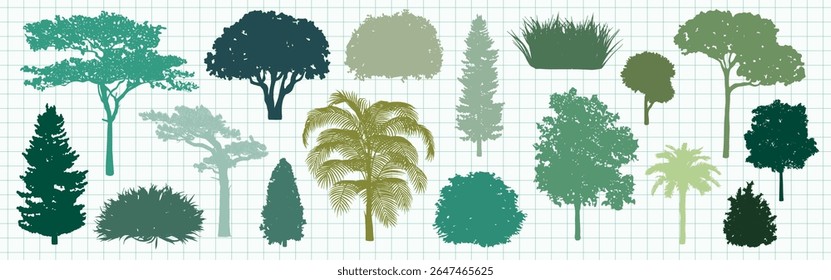 Illustration of various tree silhouettes on a grid background. Includes palm, pine, and bush shapes in different shades of green and blue. Botanical elements, vector set.