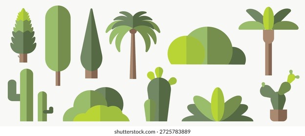 Ilustração de várias árvores e cactos em um estilo plano. Inclui palmeiras, cactos e arbustos. Árvores verdes e cactos em um design minimalista. Conjunto de ilustrações de vetor de natureza.