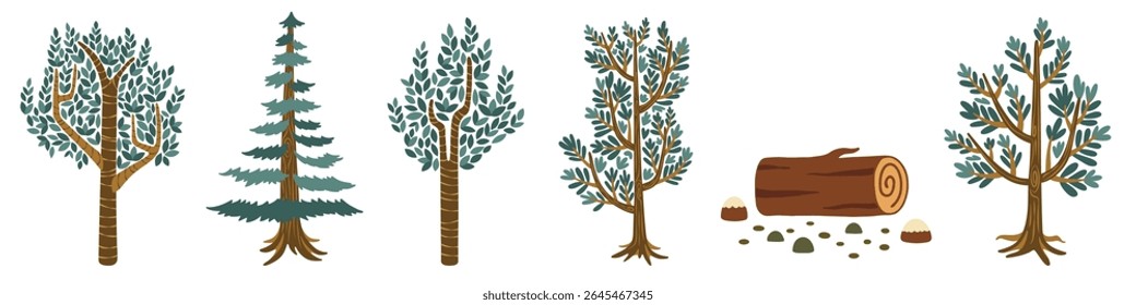 Illustration of various trees and a log. Trees with green leaves, diverse shapes. Log with rocks. Nature-themed design with trees and log elements. Nature illustrations, isolated element vector set.