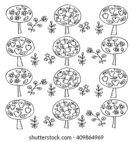 Illustration of various trees pattern. decorative style.
