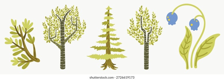 Illustration of various trees and plants. Includes leafy trees, a conifer, and a flowering plant. Green leaves, diverse tree shapes, and botanicals. Nature illustrations, isolated vector set.
