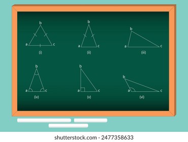 Illustration of various triangle types and properties on a classroom chalkboard, ideal for educational content, math lessons, and geometry tutorials. Line art. Editable. EPS 10