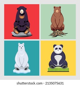 illustration of various types of bears in one set. Sun bear, grizzly bear, polar bear, panda bear. Fit for greeting cards, backgrounds, birthday cards, invitations and children's books