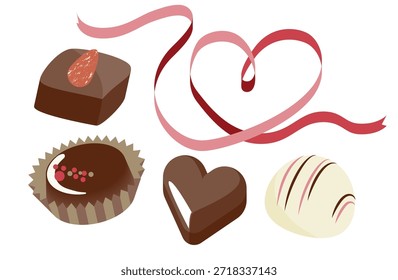 Ilustração de vários tipos de chocolates de tamanho grande e fita em forma de coração