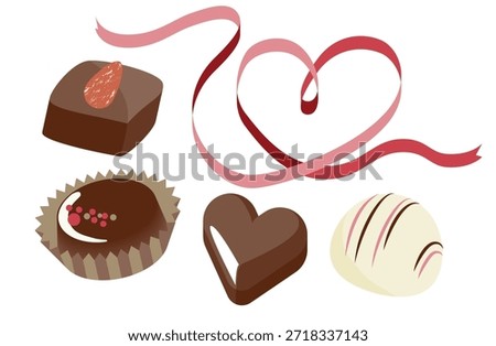 Illustration of various types of bite-sized chocolates and heart-shaped ribbon