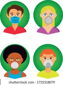 ilustración de los distintos tipos de máscaras modelos como el quirúrgico, ffp1 ffp2, ffp3 con y sin válvulas de aire