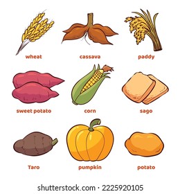 illustration of various types of staple foods. These foods produce carbohydrates.