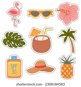 illustration of various types of summer holiday themed stickers, cute and adorable item sets