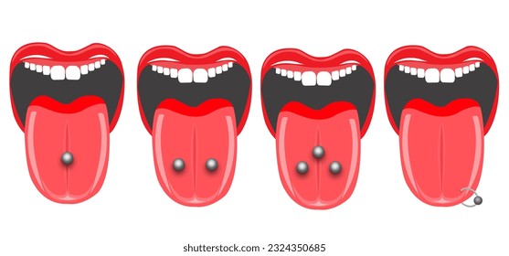 illustration of various types of tongue piercing. snake eyes, venom or triple piercing tongue