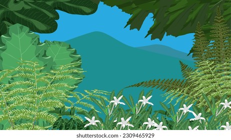 Ilustración de diversos tipos de plantas forestales tropicales con fondo de montaña, vector