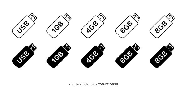 Illustration of various usb drive capacities in black and white design. Vector icon