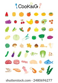 Illustration of various vegetables, fruits, fish, and meat used as cooking ingredients