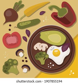 An illustration of various vegetables on a yellow surface, and a plate with a fried egg, avocado, muchrooms and broccoli. Some would say an ideal healthy breakfast!  