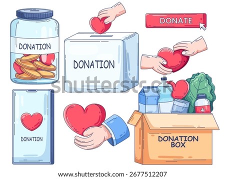 illustration various ways to donate, including money in a jar, coins in a donation box, online donations via smartphone, giving hearts, and donating goods such as food, water, and medical supply
