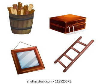 illustration of various wooden objects on a white