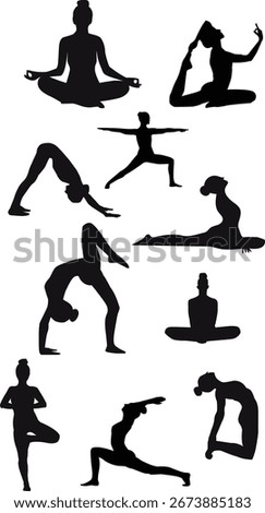 illustration of various yoga poses in black silhouette form