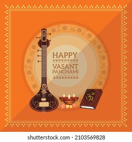 illustration of Vasant Panchami  also spelled Basant Panchami. festival of India with veena (sitar) , Indian Festival. 