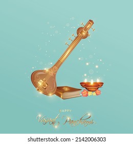 illustration of Vasant Panchami  also spelled Basant Panchami. festival of India with veena (sitar) , Indian Festival. 